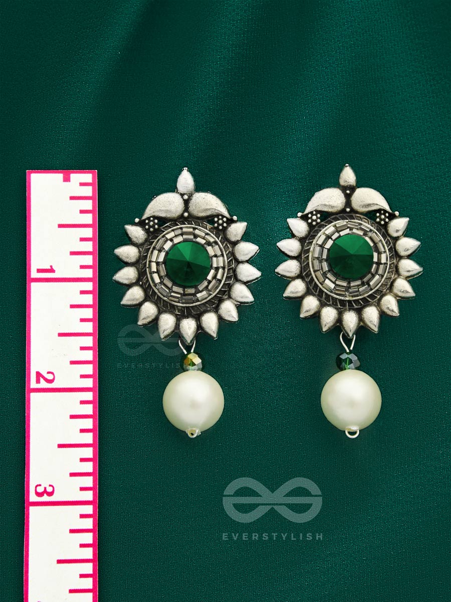 The Emerald Sun- Green Crystal Encrusted Silver Pearl Earrings