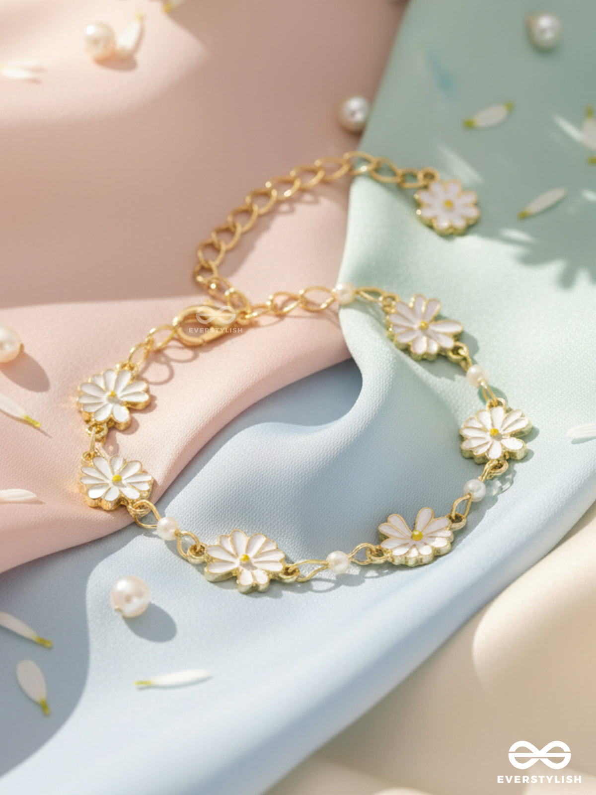 The Valley Of Flowers- Enamelled Golden Bracelet (White)