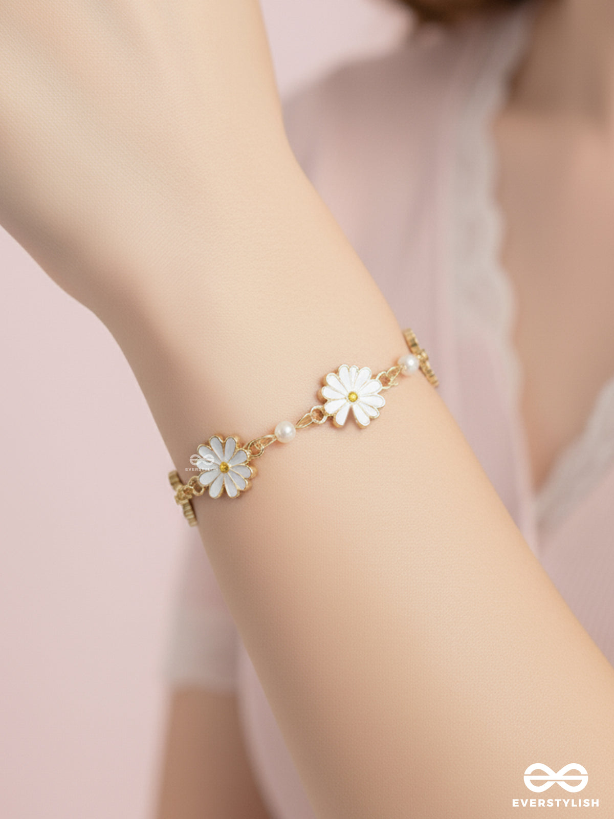 The Valley Of Flowers- Enamelled Golden Bracelet (White)