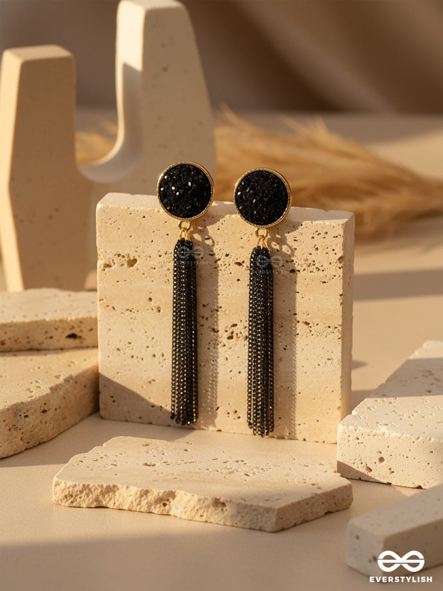 The Ebony Fall- Black And Golden Earrings