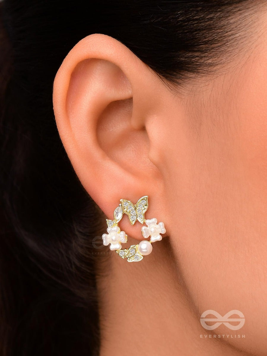 The Pearly Wreath- Golden Pearl And Rhinestones Earrings