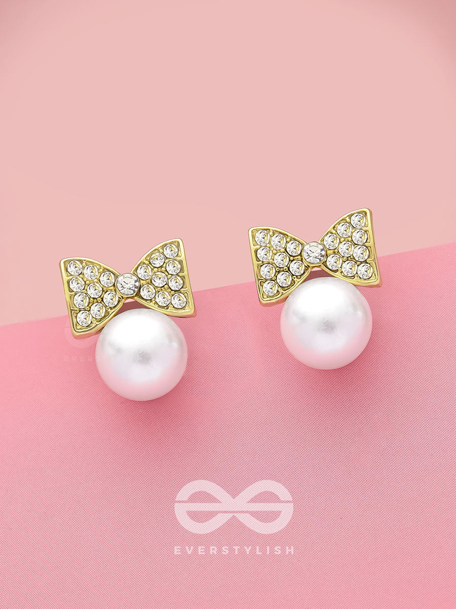 Bow-Toons- Golden Rhinestones And Pearl Earrings