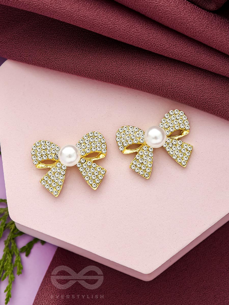 The Glassy Bowknots- Golden Rhinestones Earrings