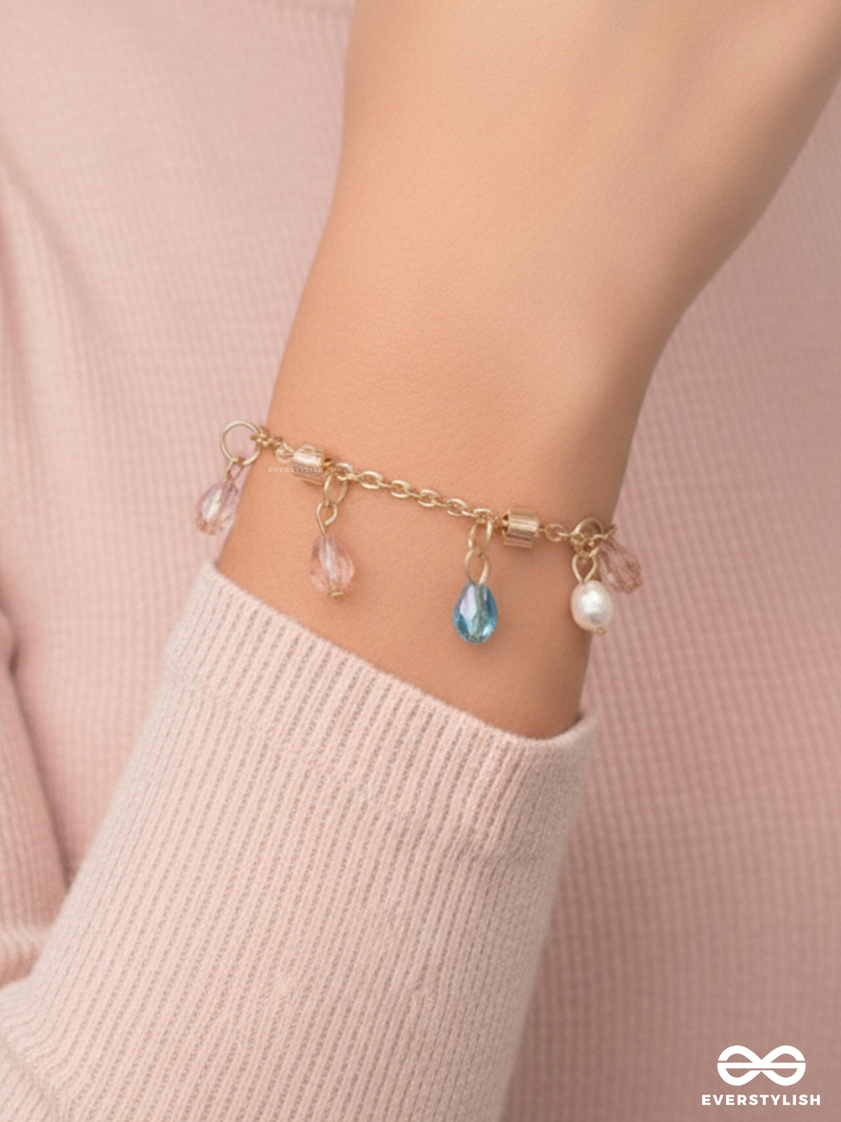 The Shimmering Sleet- Pearl And Crystals Studded Golden Bracelet