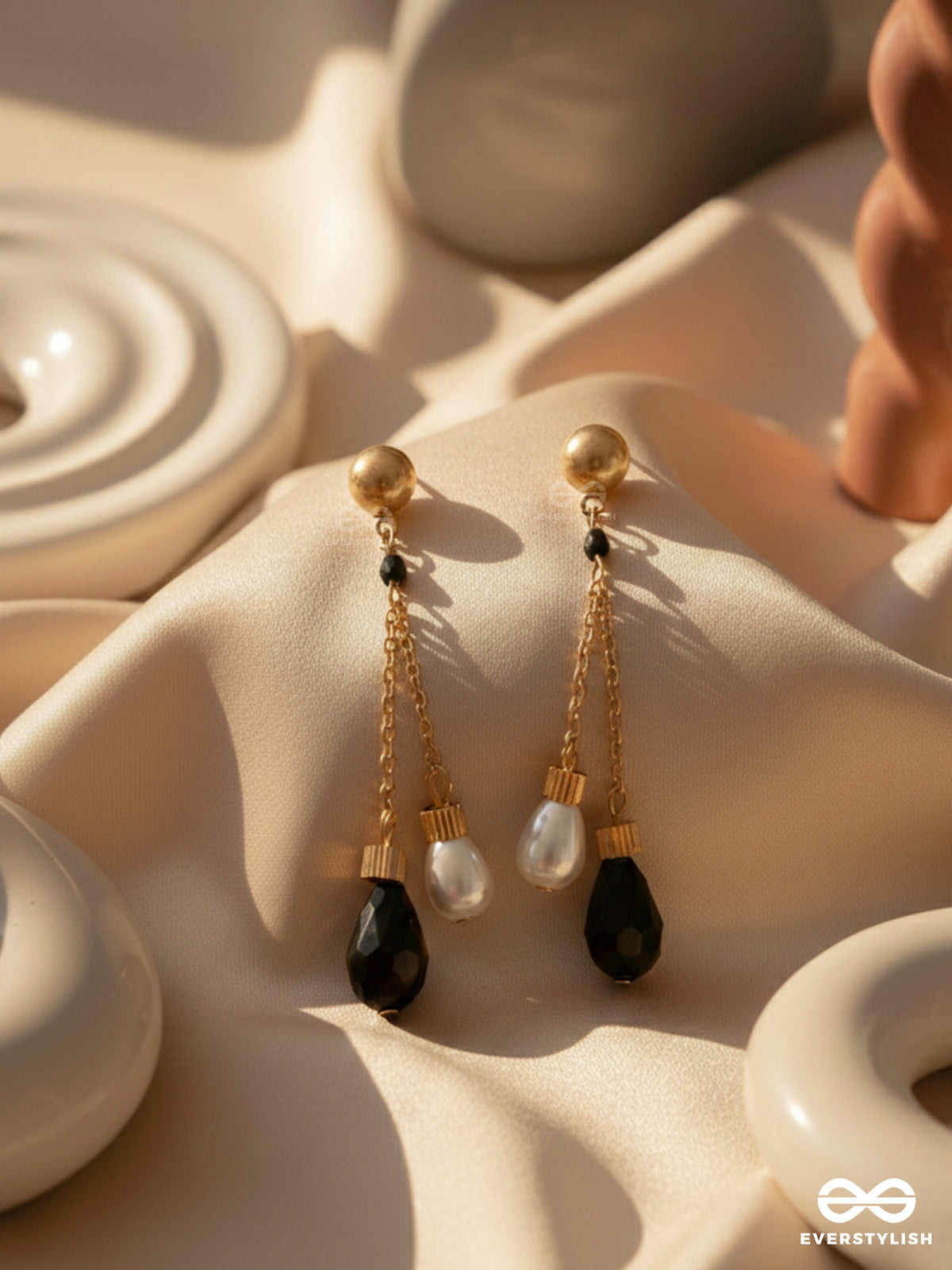 The Foggy Night- Black And White Golden Dangler Earrings