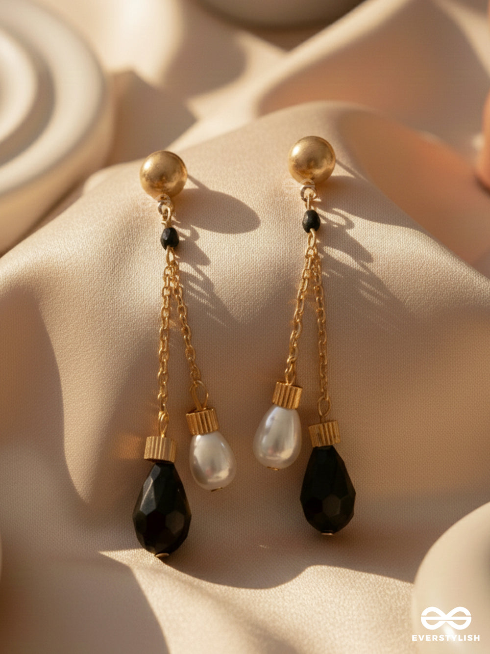 The Foggy Night- Black And White Golden Dangler Earrings