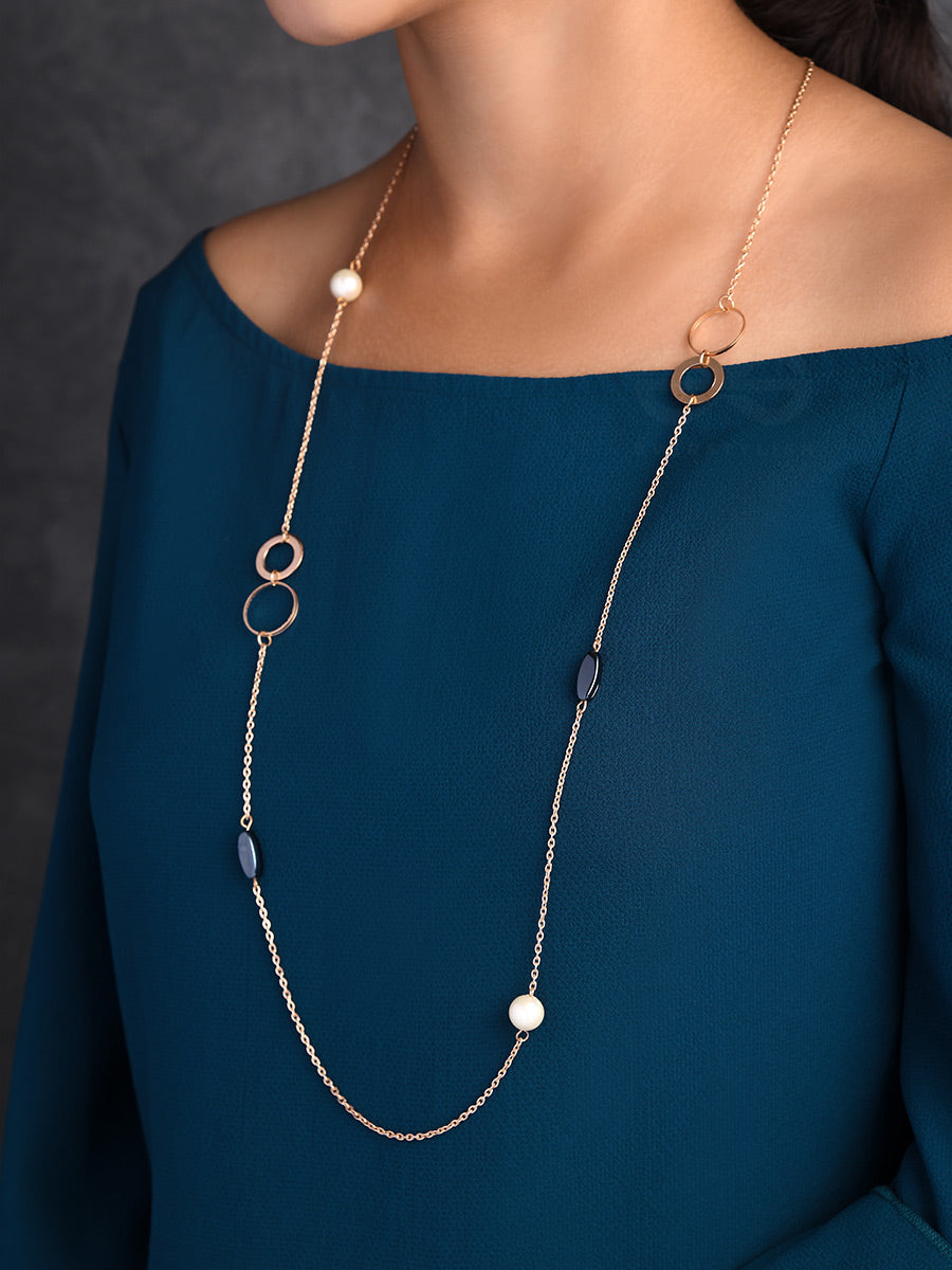Yin And Yang- Pearl And Stone Studded Golden Necklace With Anti-Tarnish Coating