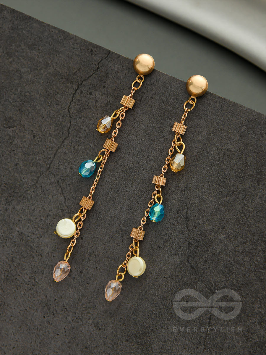 The Ice Crystal Trail- Blue Crystal And Pearl Studded Golden Earrings