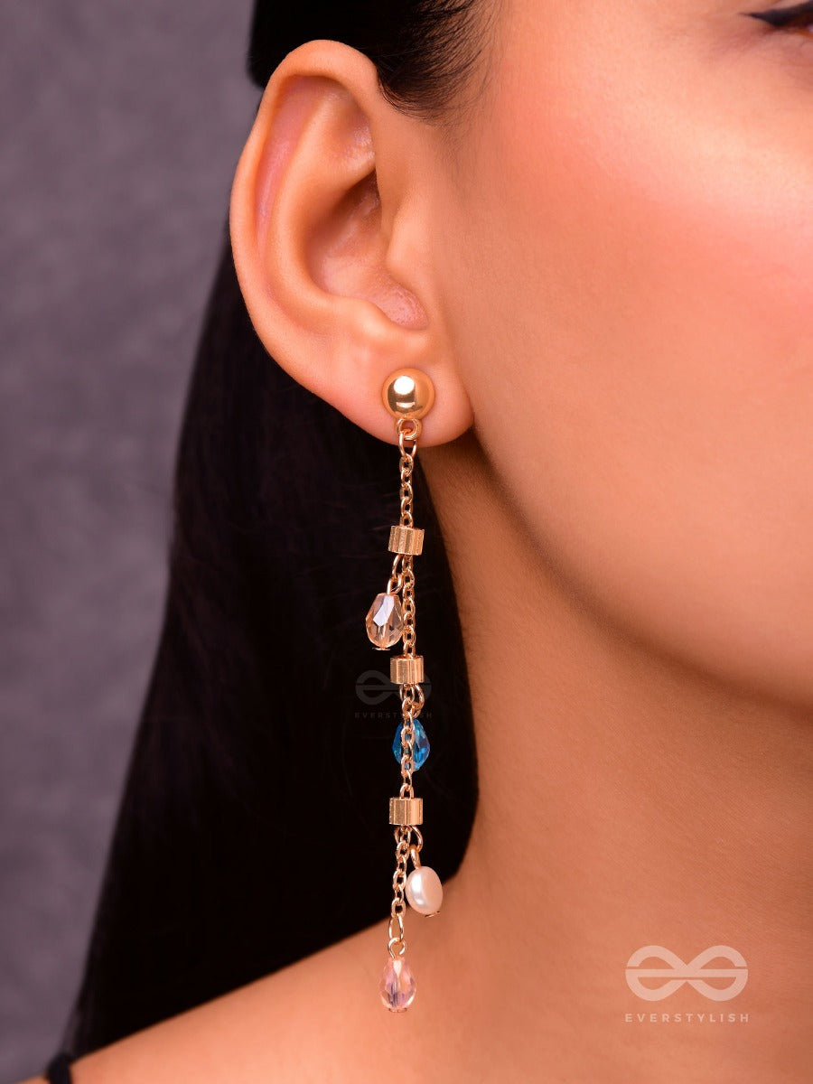 The Ice Crystal Trail- Blue Crystal And Pearl Studded Golden Earrings