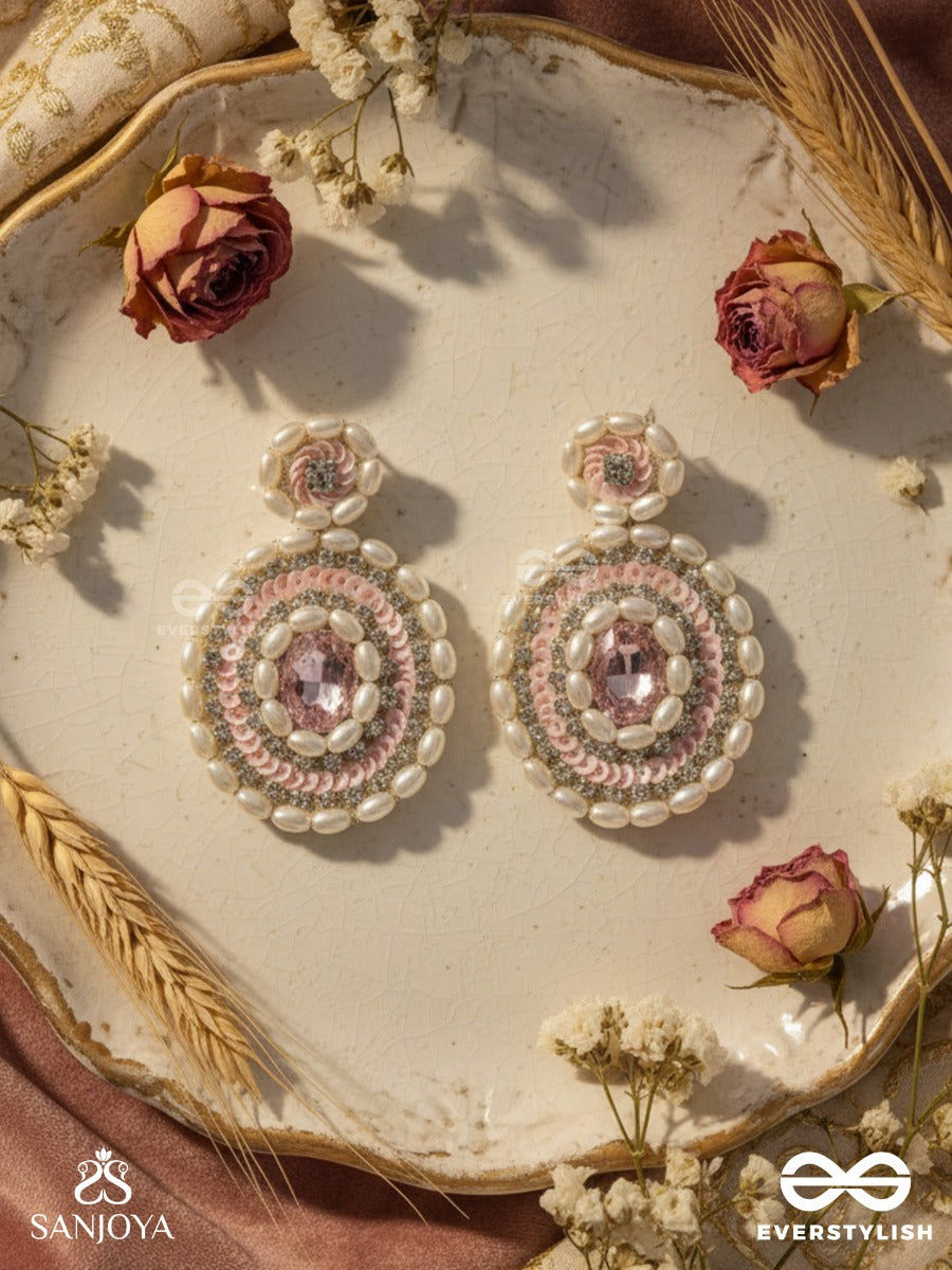 Pratibimb- The Resplendent Reflection- Stone, Pearls And Sequins Embroidered Earrings (Blush Pink)