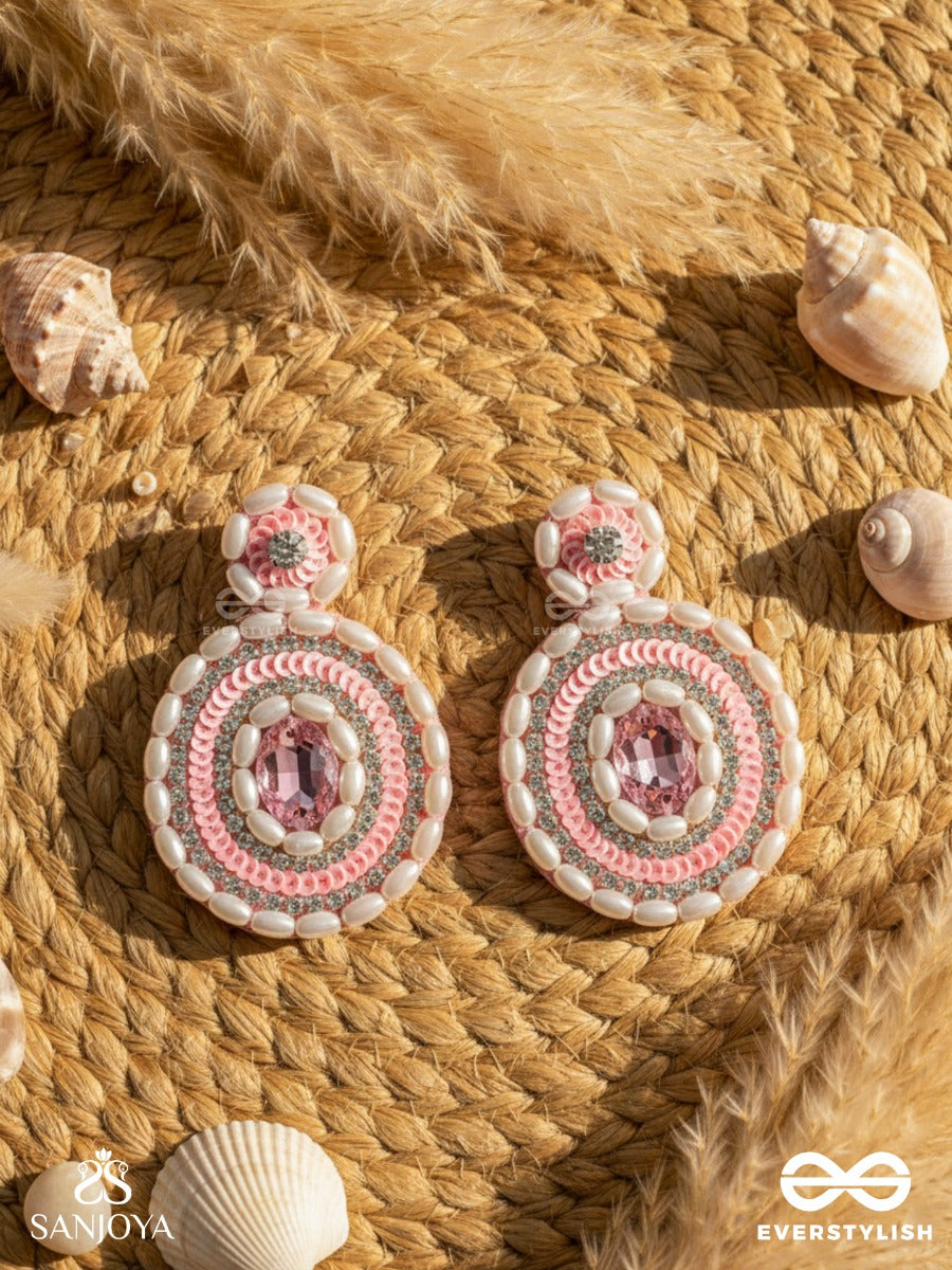 Pratibimb- The Resplendent Reflection- Stone, Pearls And Sequins Embroidered Earrings (Blush Pink)