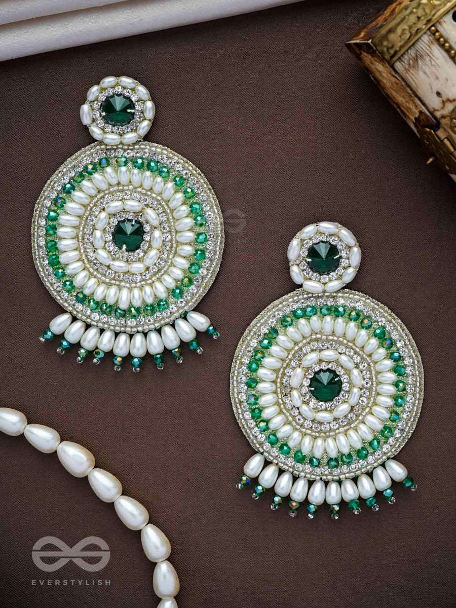 Advaita- The Unique Sphere- Emerald Green Stone, Pearls, And Glass Beads Embroidered Earrings