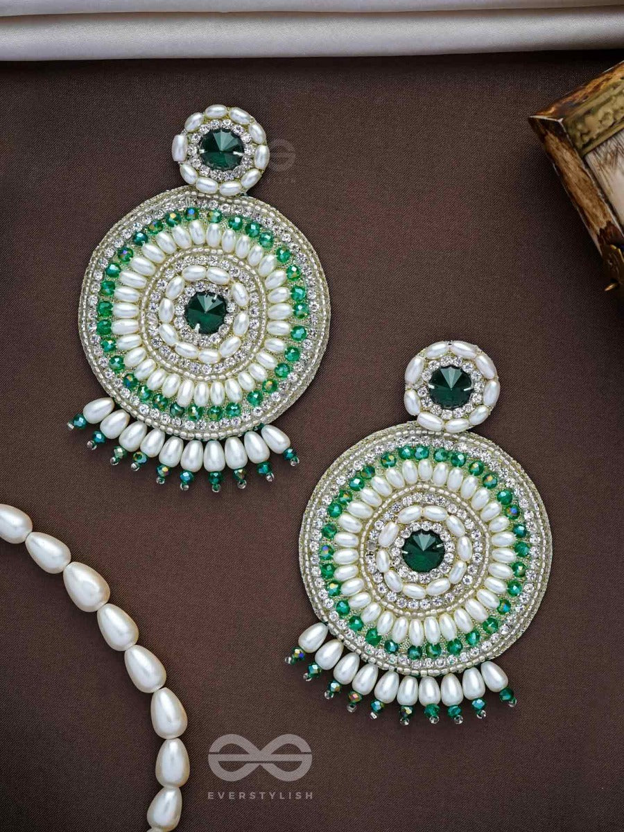 Advaita- The Unique Sphere- Emerald Green Stone, Pearls, And Glass Beads Embroidered Earrings
