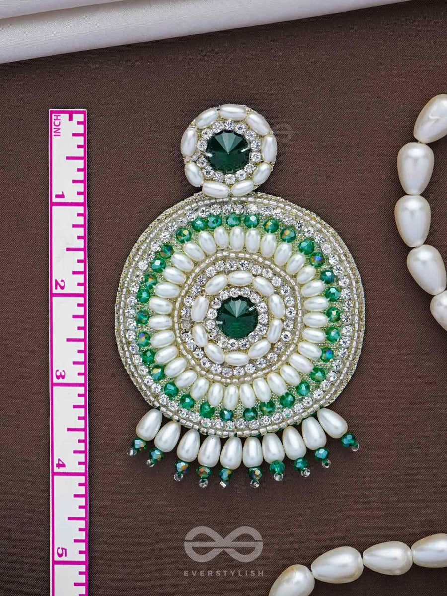 Advaita- The Unique Sphere- Emerald Green Stone, Pearls, And Glass Beads Embroidered Earrings