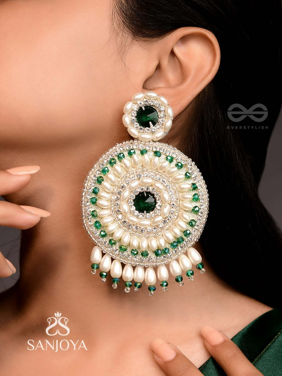 Advaita- The Unique Sphere- Emerald Green Stone, Pearls, And Glass Beads Embroidered Earrings