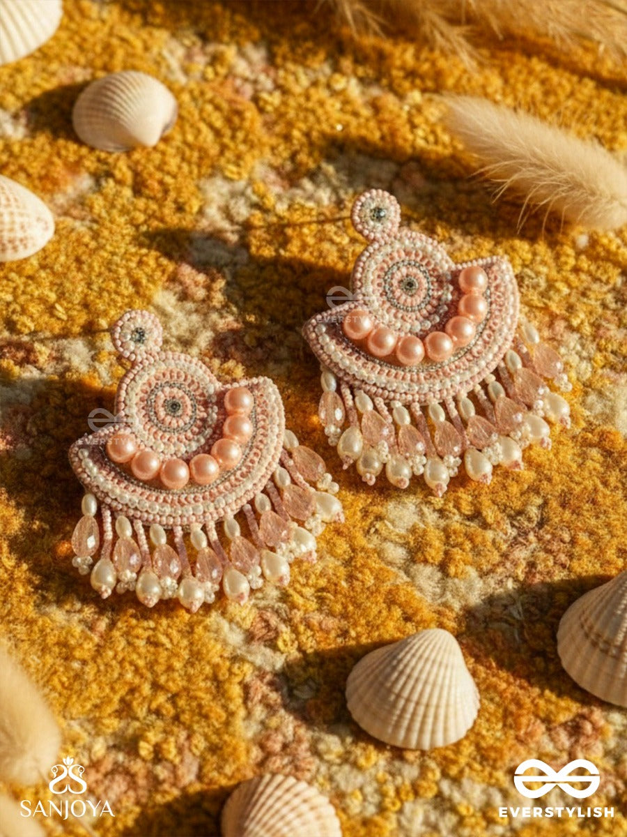 Suramya- The Picturesque Crescent- Sequins, Glass Beads And Stone Embroidered Earrings (Salmon Pink)