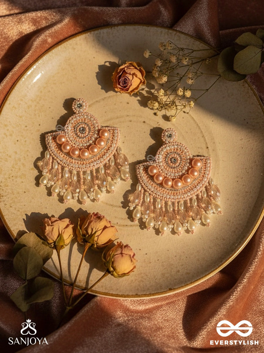 Suramya- The Picturesque Crescent- Sequins, Glass Beads And Stone Embroidered Earrings (Salmon Pink)