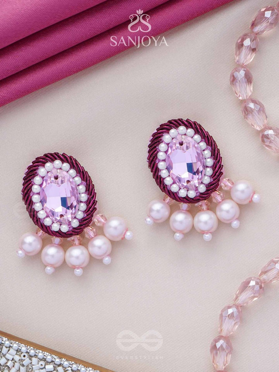 Pankerooh- The Lovely Lotus - Pearl And Stone Embroidered Earrings (Blush Pink & Magenta)