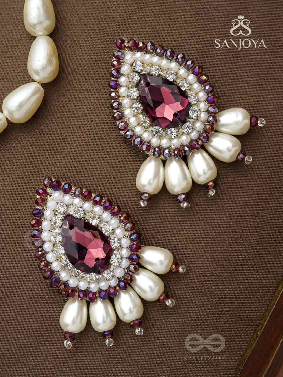 Lavanya- The Graceful One- Stone, Pearls, And Glass Beads Embroidered Earrings (Rosewood Red)
