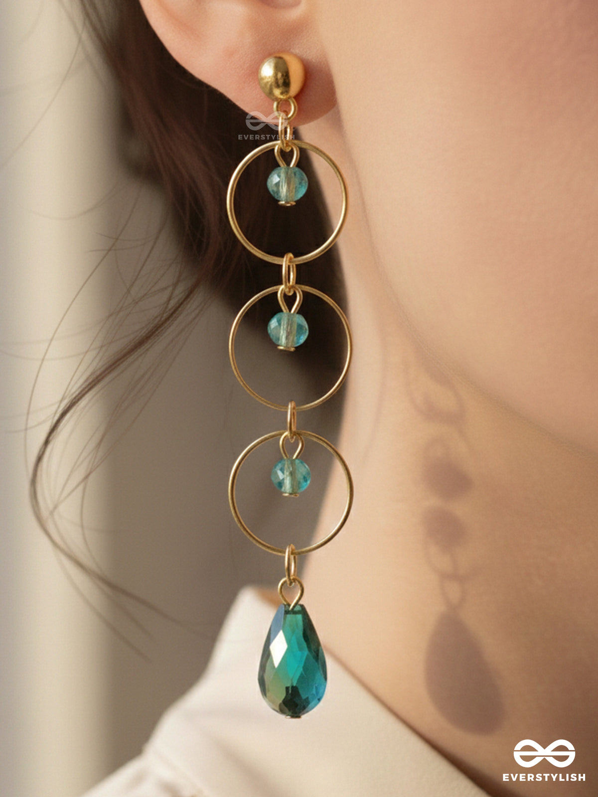 The Misty Grove- Greenish Blue And Golden Crystal Beads Earrings