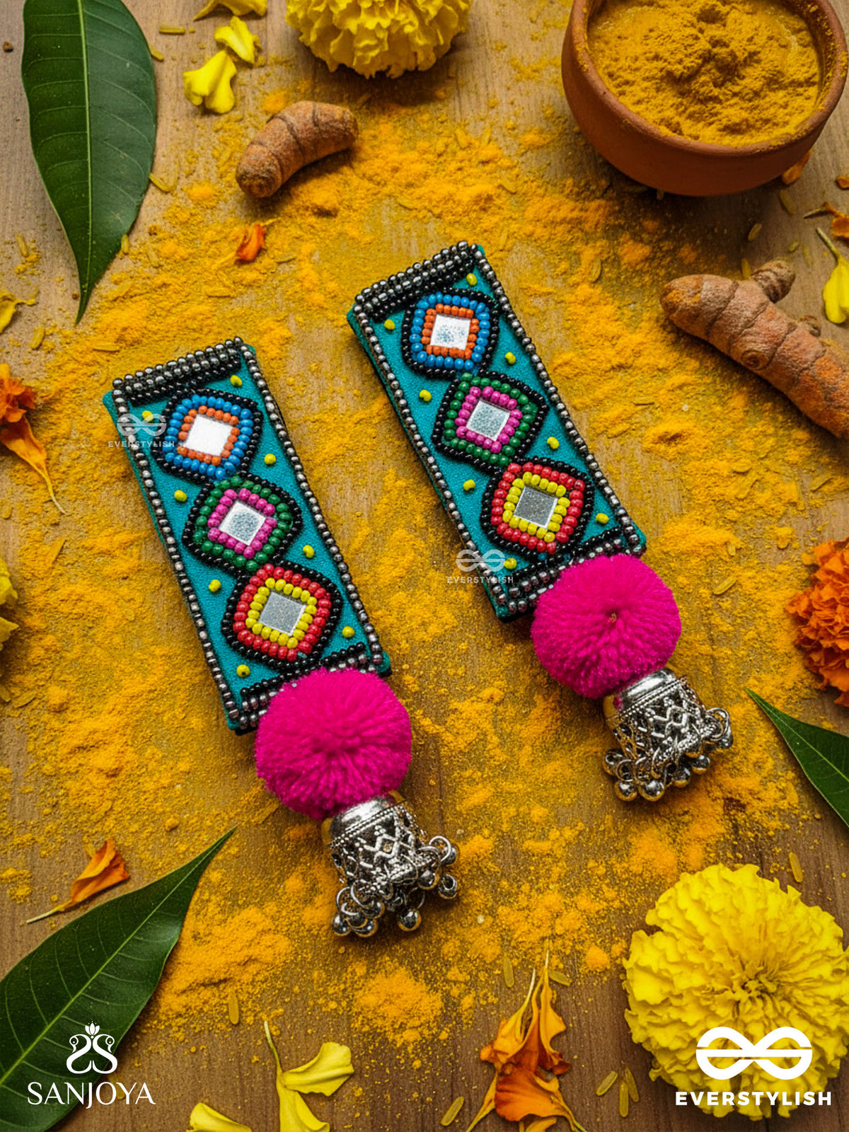 Varnad- The Colorful- Beads And Mirrors Embroidered Earrings (Parakeet Green, Ebony & Fuchsia Pink)