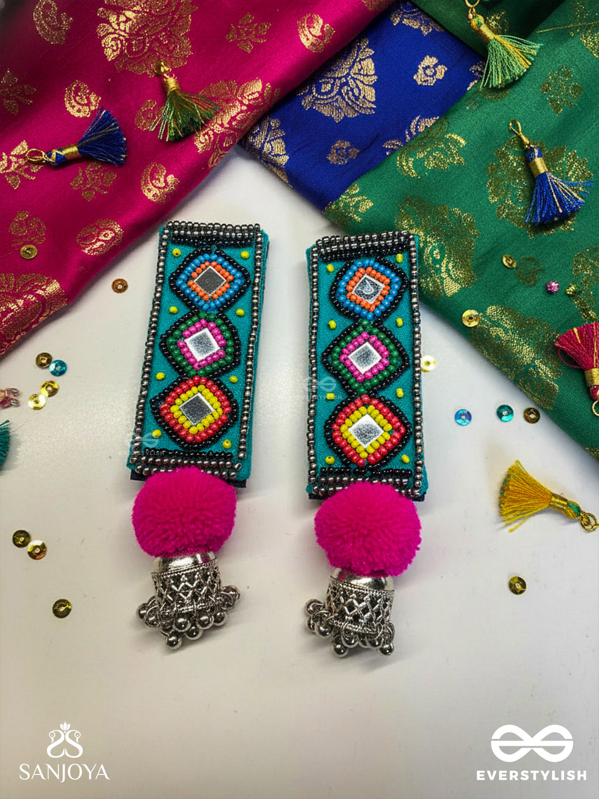 Varnad- The Colorful- Beads And Mirrors Embroidered Earrings (Parakeet Green, Ebony & Fuchsia Pink)