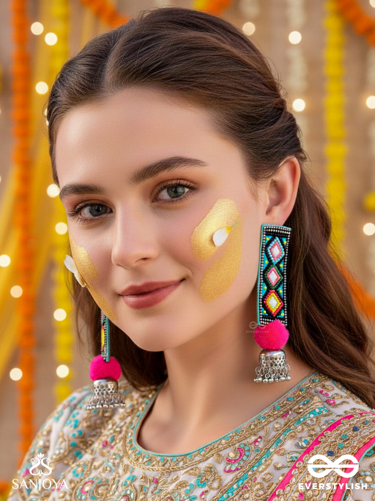 Varnad- The Colorful- Beads And Mirrors Embroidered Earrings (Parakeet Green, Ebony & Fuchsia Pink)