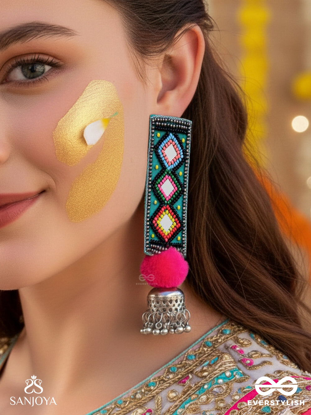 Varnad- The Colorful- Beads And Mirrors Embroidered Earrings (Parakeet Green, Ebony & Fuchsia Pink)
