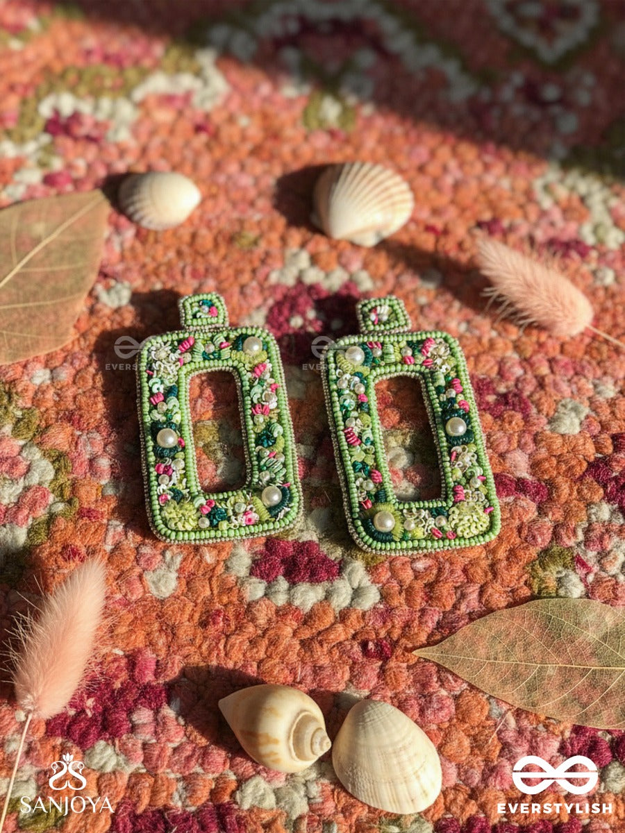 Aardratva - The Verdant - Sequins, Pearls And Beads Hand Embroidered Earrings (Lime Green)