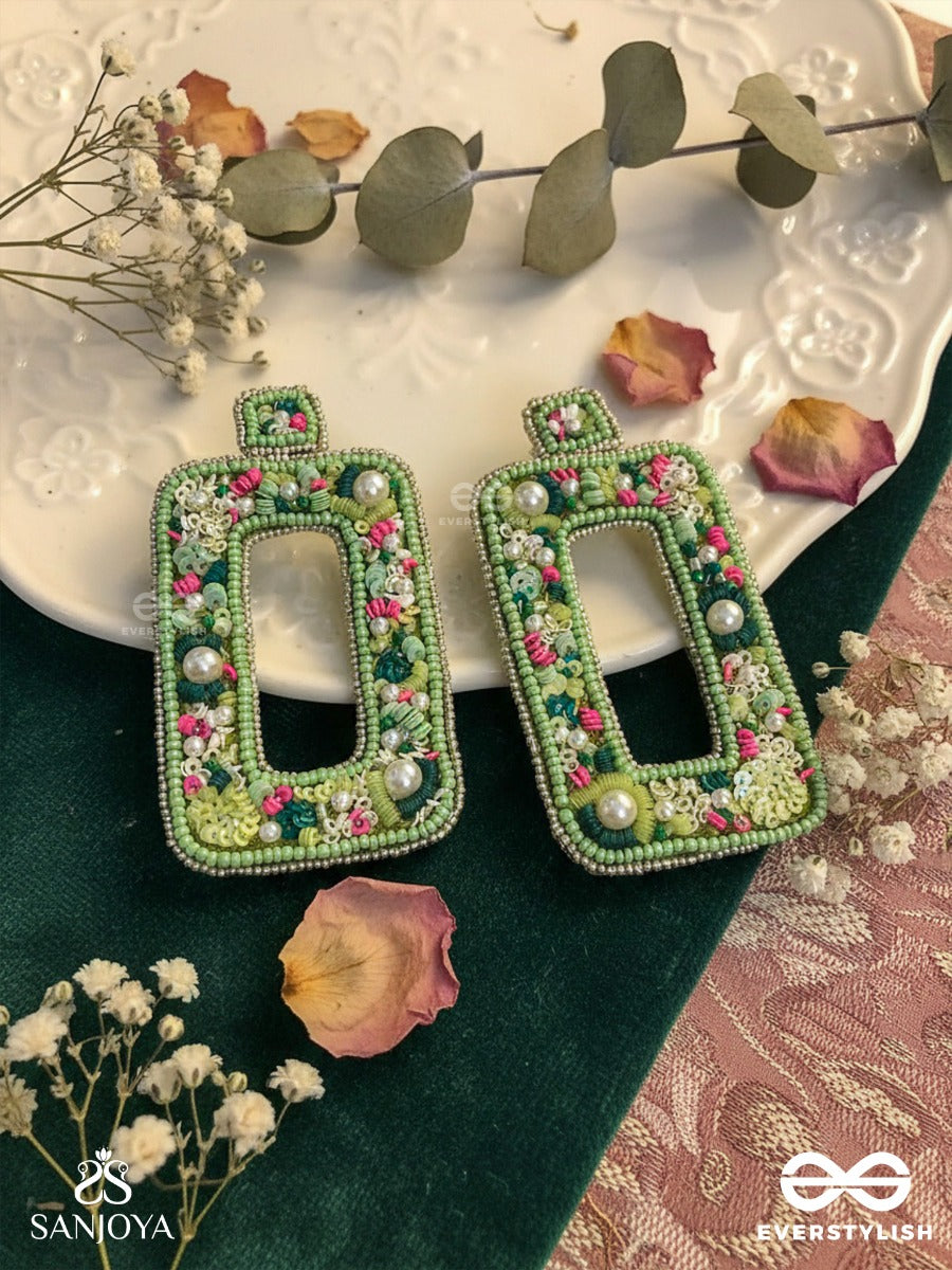 Aardratva - The Verdant - Sequins, Pearls And Beads Hand Embroidered Earrings (Lime Green)