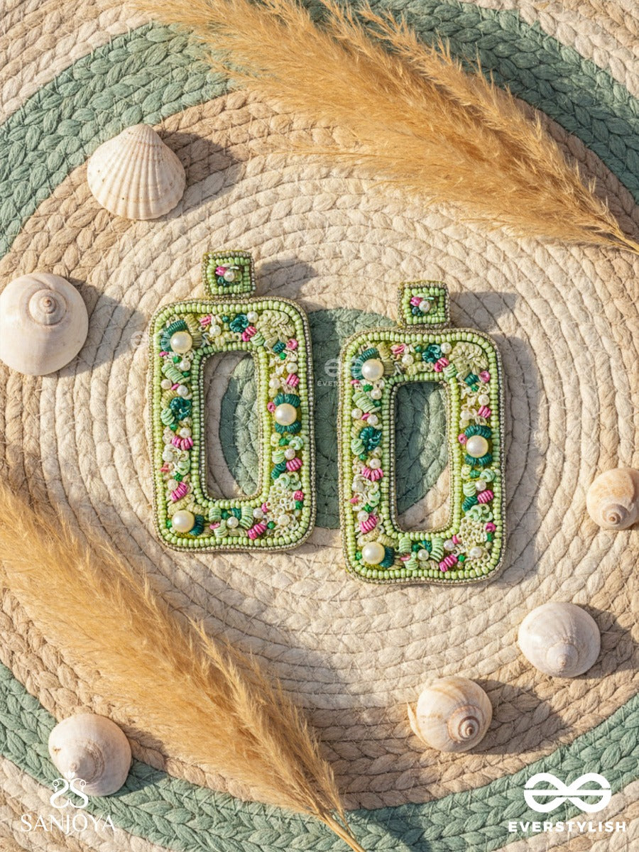 Aardratva - The Verdant - Sequins, Pearls And Beads Hand Embroidered Earrings (Lime Green)