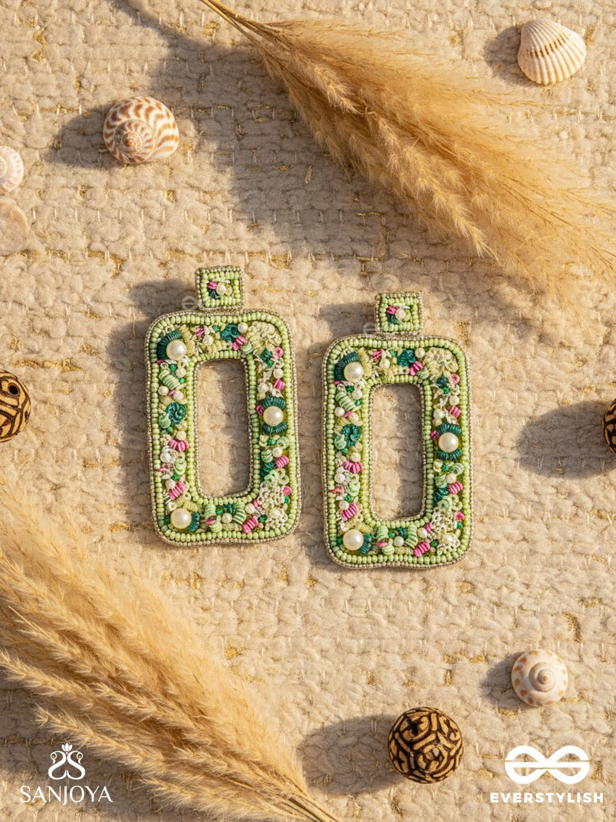 Aardratva - The Verdant - Sequins, Pearls And Beads Hand Embroidered Earrings (Lime Green)