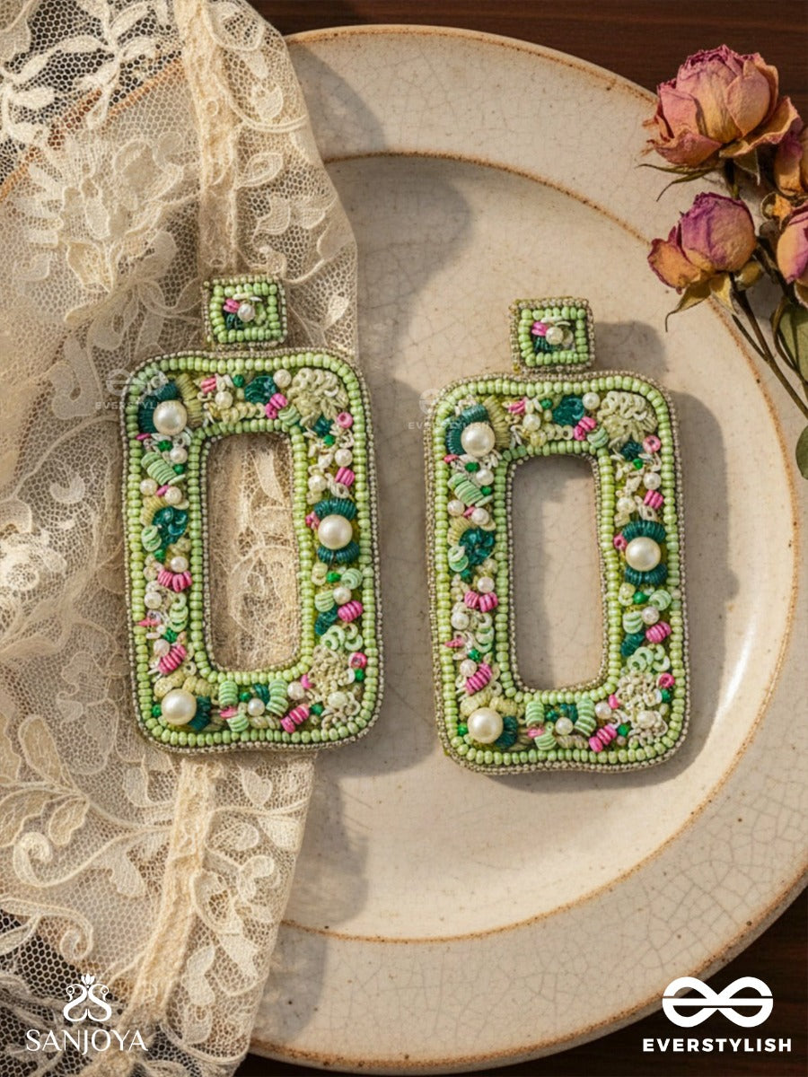 Aardratva - The Verdant - Sequins, Pearls And Beads Hand Embroidered Earrings (Lime Green)