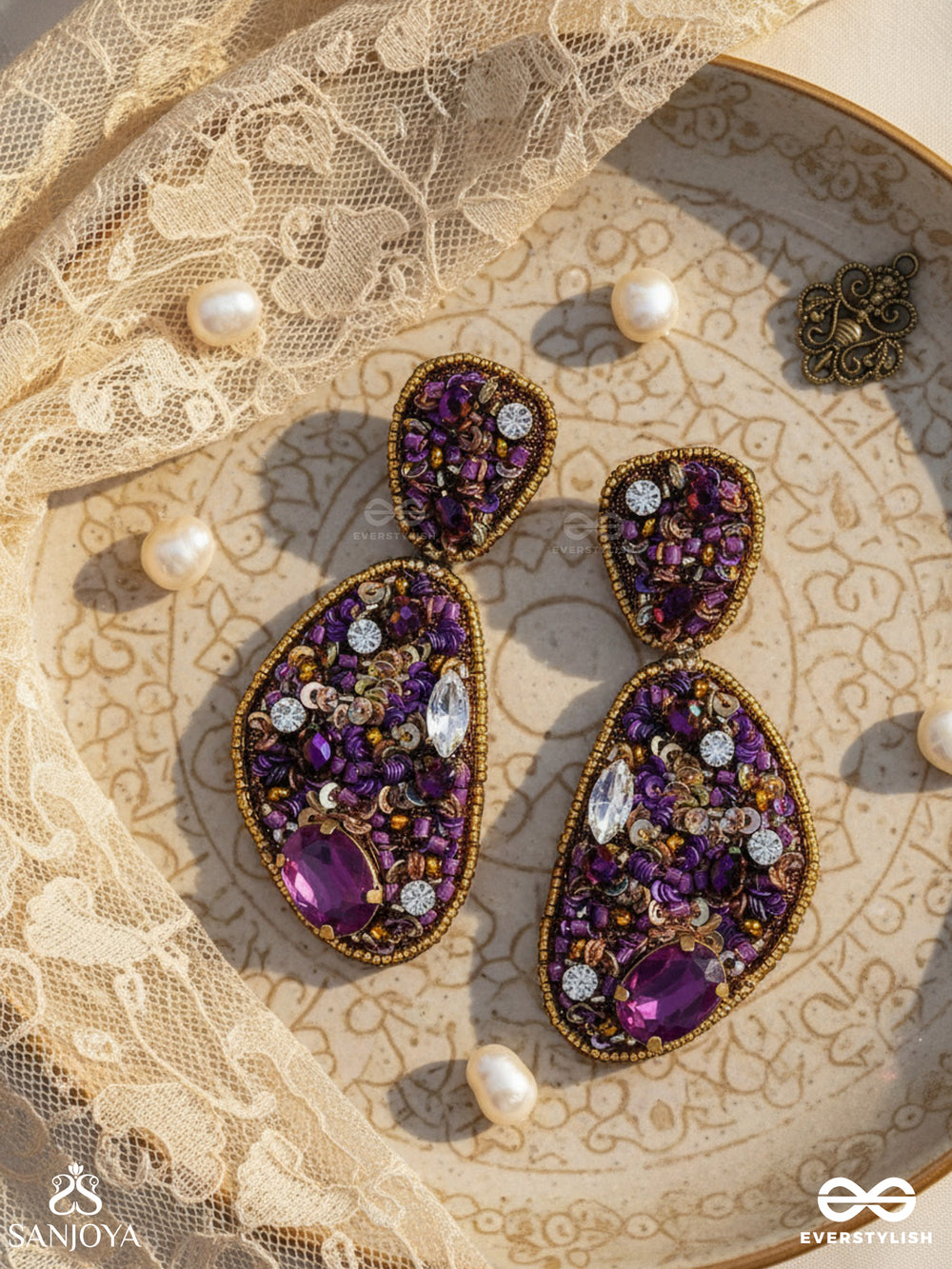 Karnikar- The Purple Flower- Stone, Sequins And Beads Embroidered Earrings (Violet & Fire Yellow)