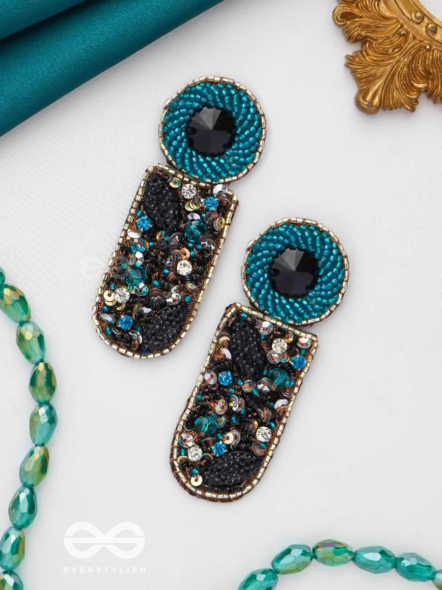 Dravinaka- The Fiery- Beads, Sequins And Stone Embroidered Earrings (Teal Blue & Midnight Black)