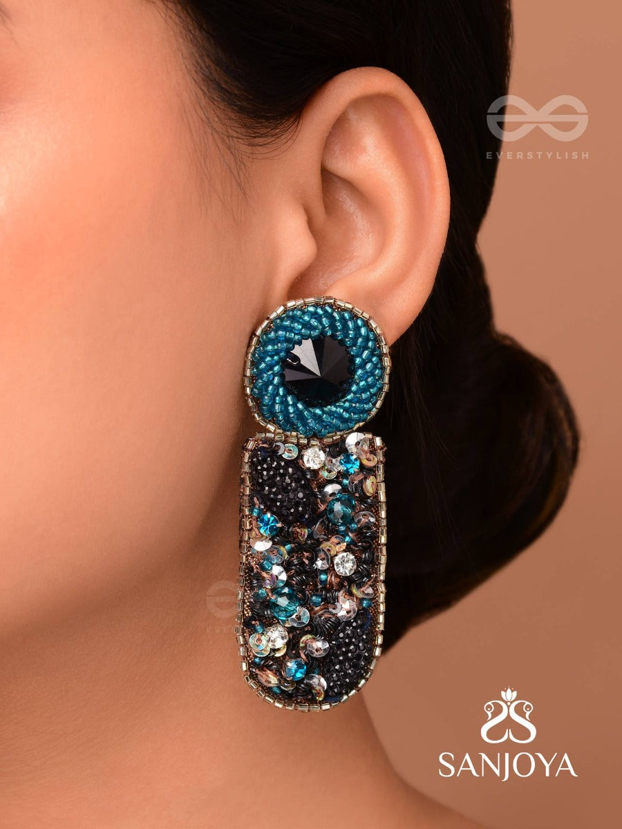 Dravinaka- The Fiery- Beads, Sequins And Stone Embroidered Earrings (Teal Blue & Midnight Black)