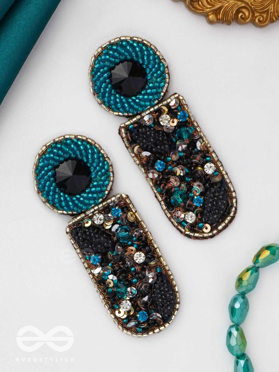 Dravinaka- The Fiery- Beads, Sequins And Stone Embroidered Earrings (Teal Blue & Midnight Black)