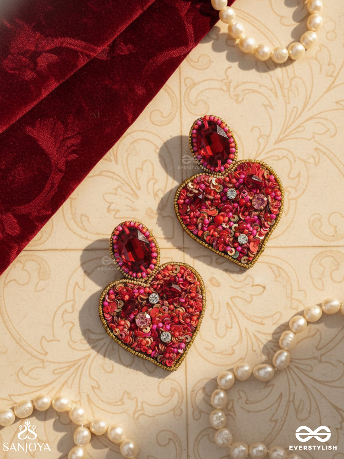 Antashtha- The Heart- Stones, Sequins And Beads Embroidered Earrings (Crimson)