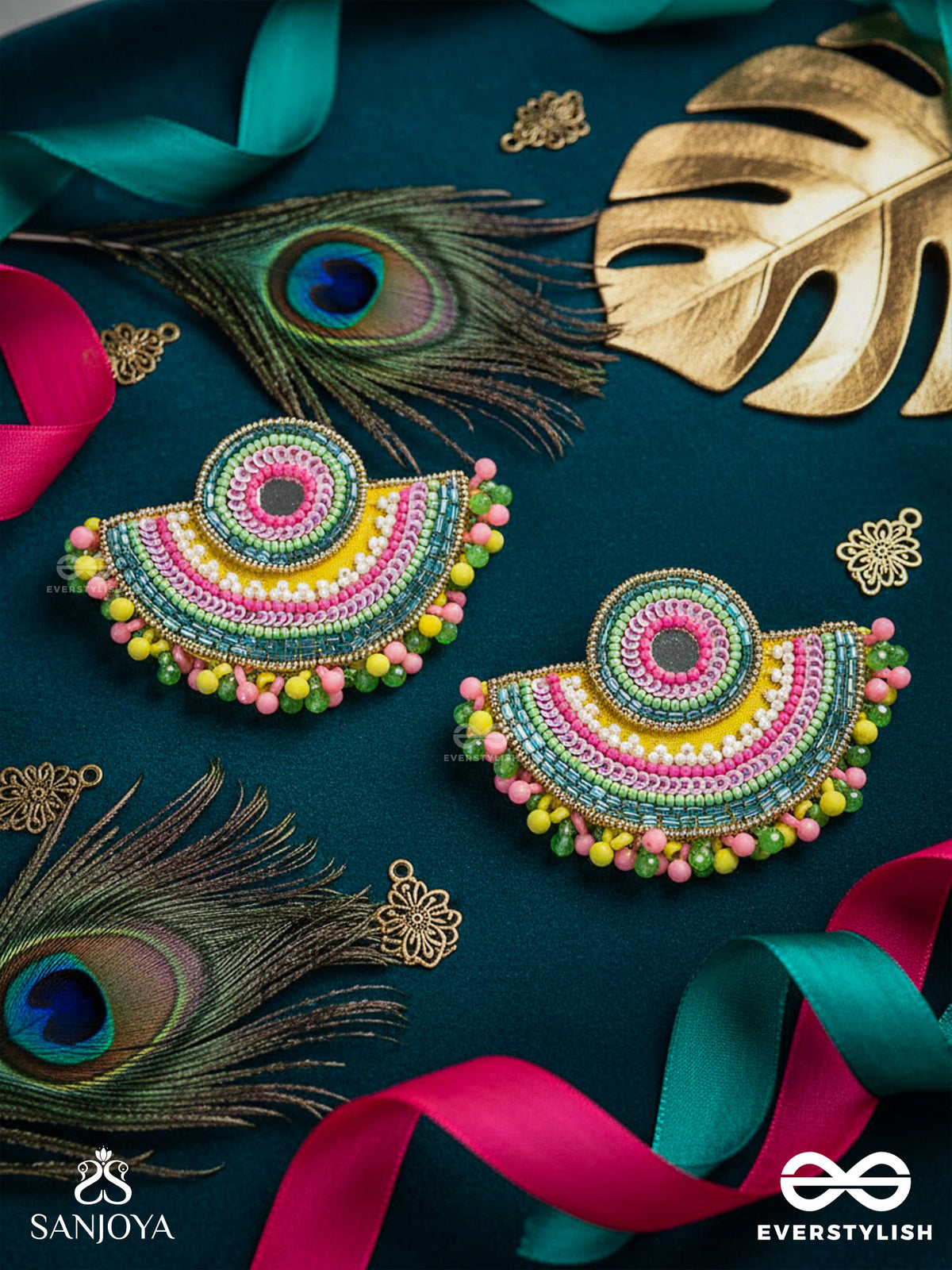 Aarunya- The First Sunray- Beads, Sequins And Mirror Embroidered Earrings (Multicoloured)