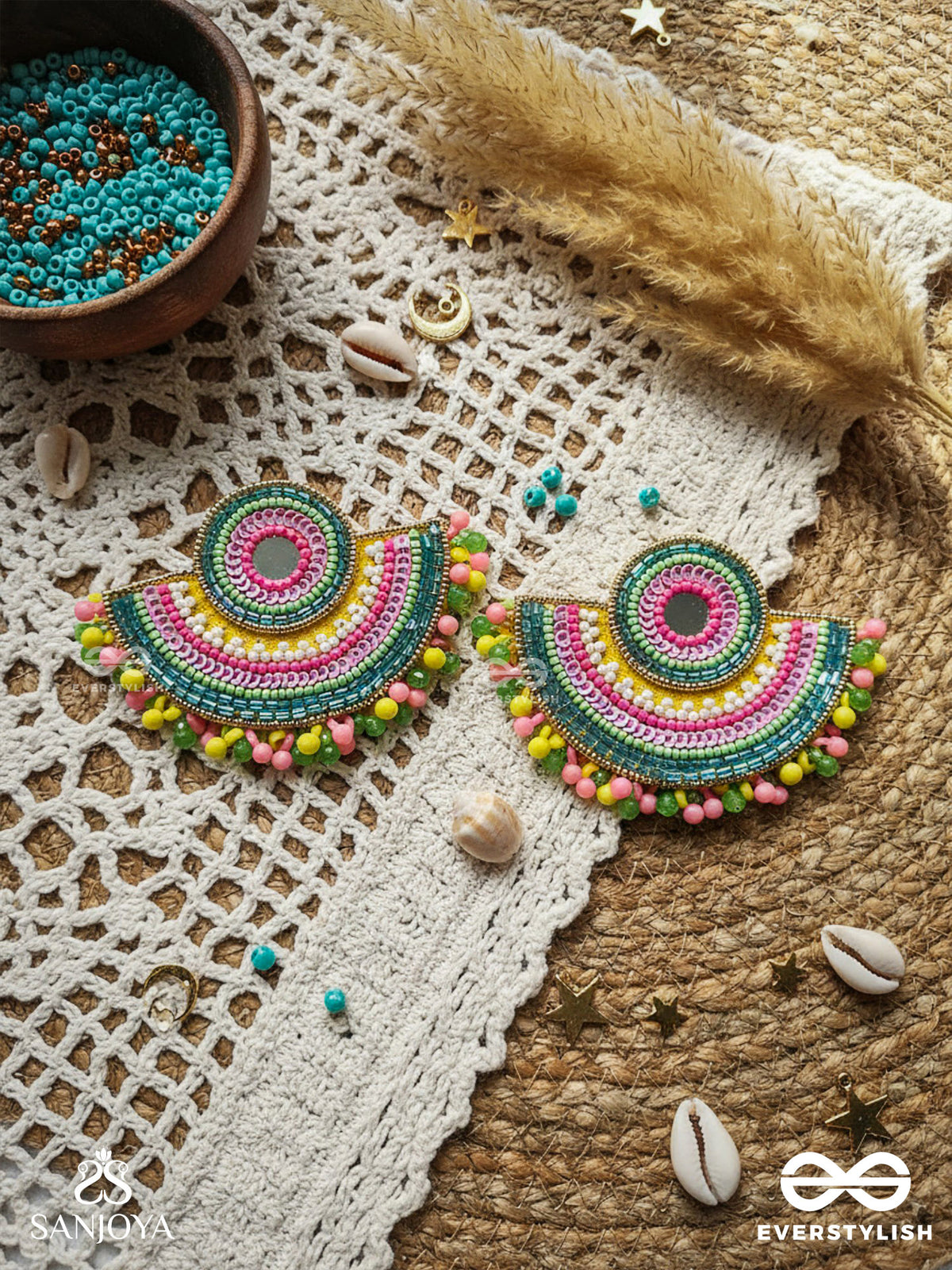 Aarunya- The First Sunray- Beads, Sequins And Mirror Embroidered Earrings (Multicoloured)