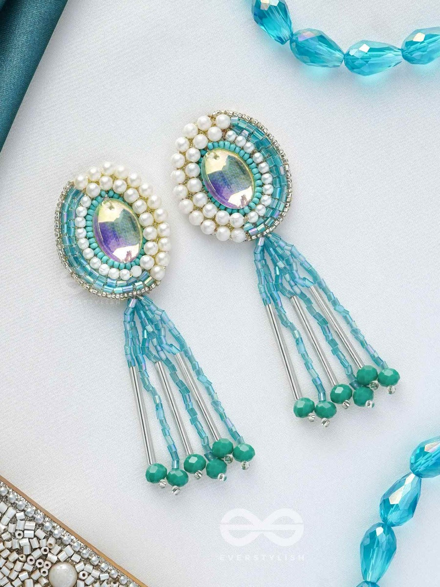Mandalaka- The Majestic Mirror- Stone, Pearls And Beads Embroidered Earrings (Arctic Blue)
