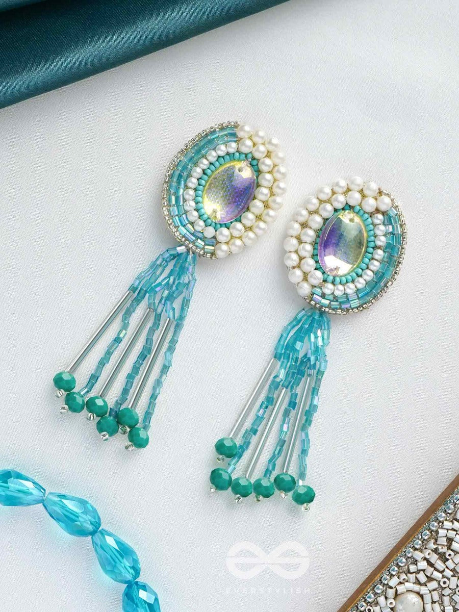 Mandalaka- The Majestic Mirror- Stone, Pearls And Beads Embroidered Earrings (Arctic Blue)