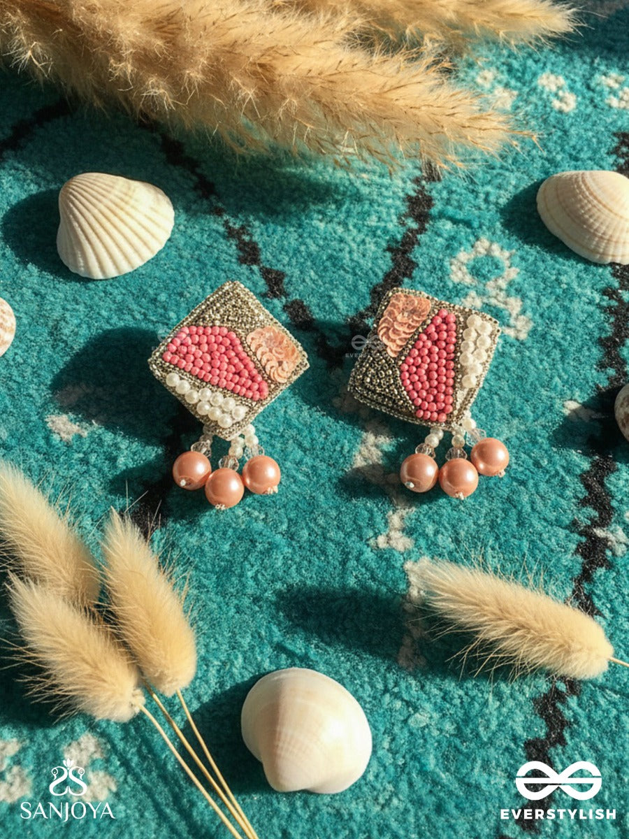 Chaturashra- The Charming Square- Beads And Pearls Embroidered Earrings (Blush & Fuchsia Pink)