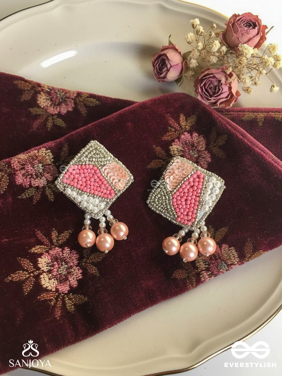 Chaturashra- The Charming Square- Beads And Pearls Embroidered Earrings (Blush & Fuchsia Pink)
