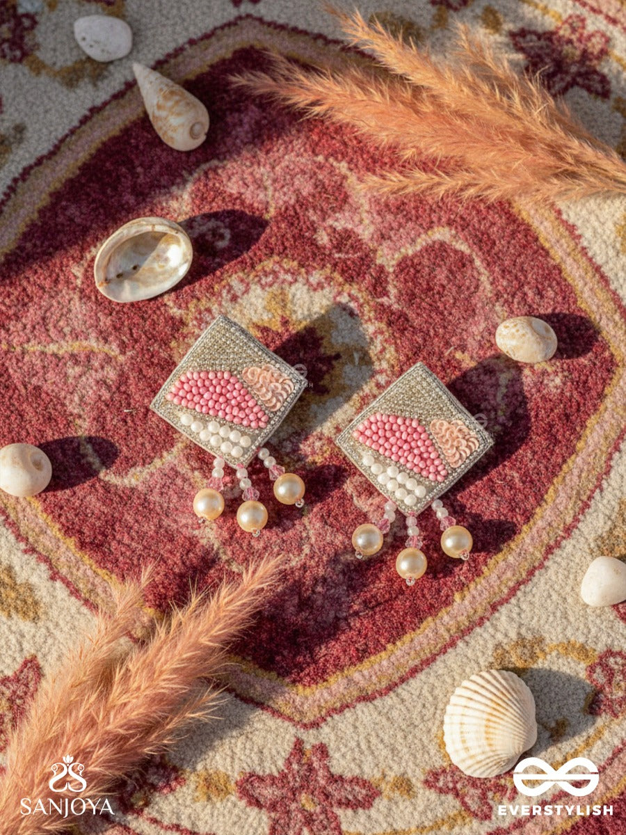 Chaturashra- The Charming Square- Beads And Pearls Embroidered Earrings (Blush & Fuchsia Pink)