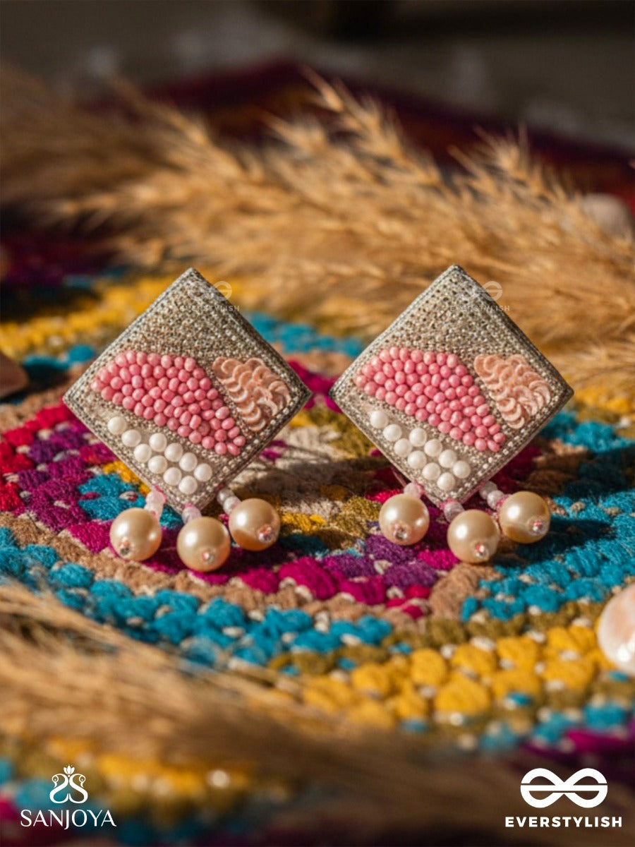 Chaturashra- The Charming Square- Beads And Pearls Embroidered Earrings (Blush & Fuchsia Pink)