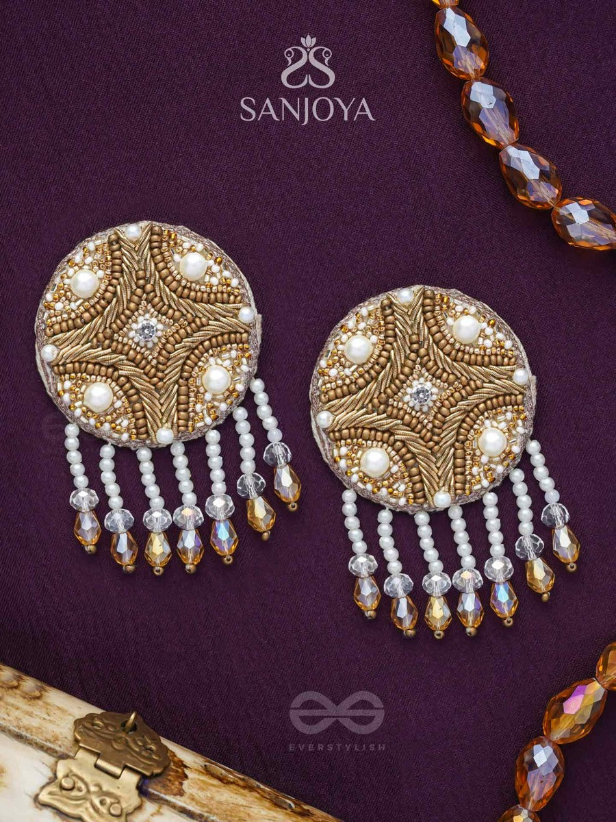 Parinataruna - The Setting Sun - Beads, Pearls, Dabka And Glass Drops Hand Embroidered Earrings (Copper Brown)