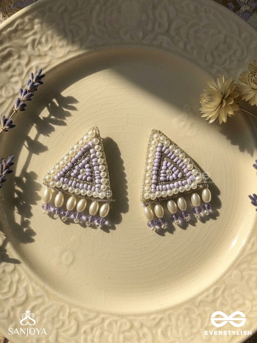 Suchyagra- The Eternal Pyramid- Pearls, Beads And Glass Beads Embroidered Earrings (Orchid Purple)