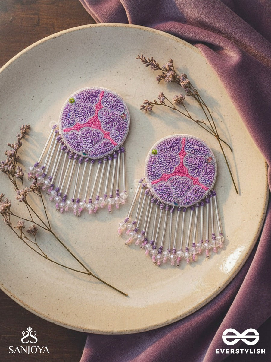 Misraka - The Garden Of Paradise - Sequins, Resham And Beads Hand Embroidered Earrings (Amethyst Purple & Fuchsia Pink)