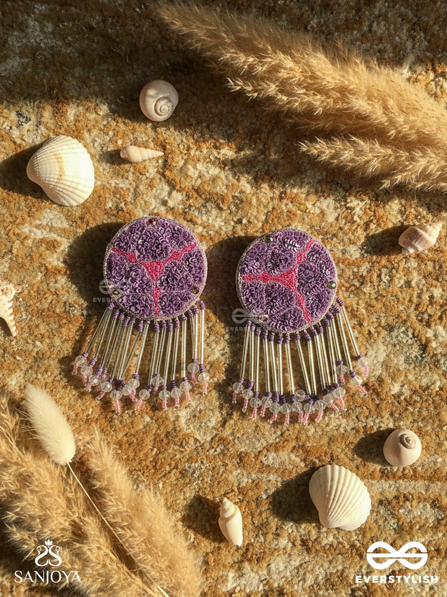 Misraka - The Garden Of Paradise - Sequins, Resham And Beads Hand Embroidered Earrings (Amethyst Purple & Fuchsia Pink)